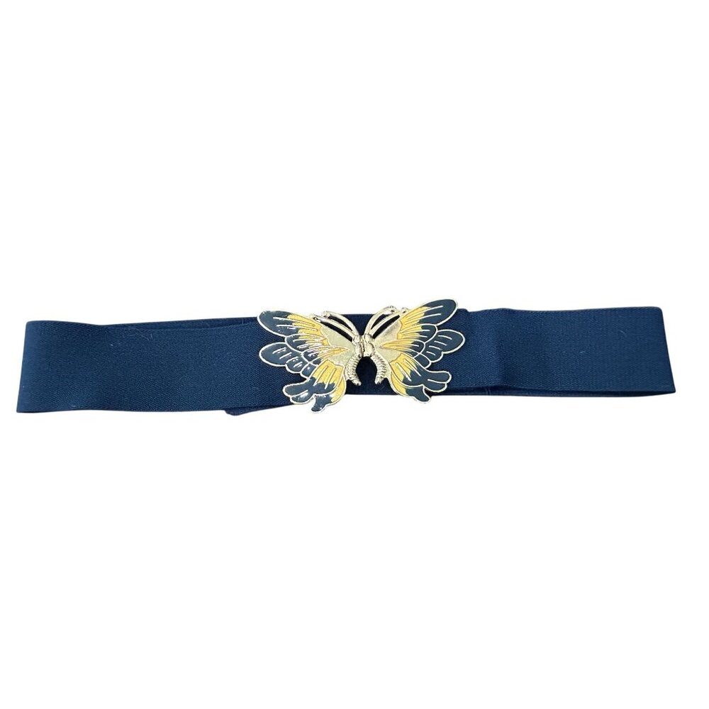 Vintage Womens Elastic Navy Belt With Gold & Enamel Butterfly Buckle Statement